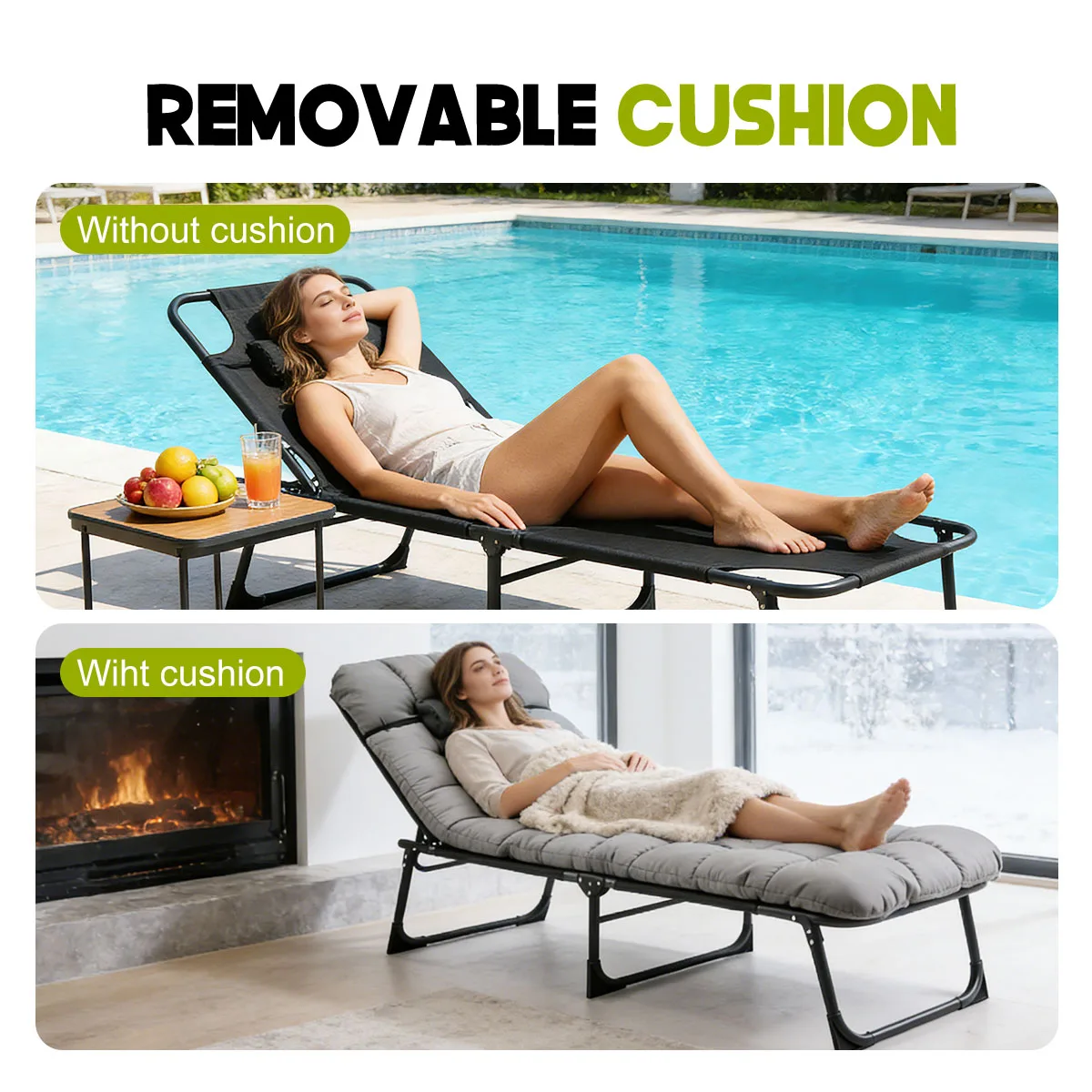Adjustable Folding Camping Lounge Chair with Removable Soft Cushion, - Image 3