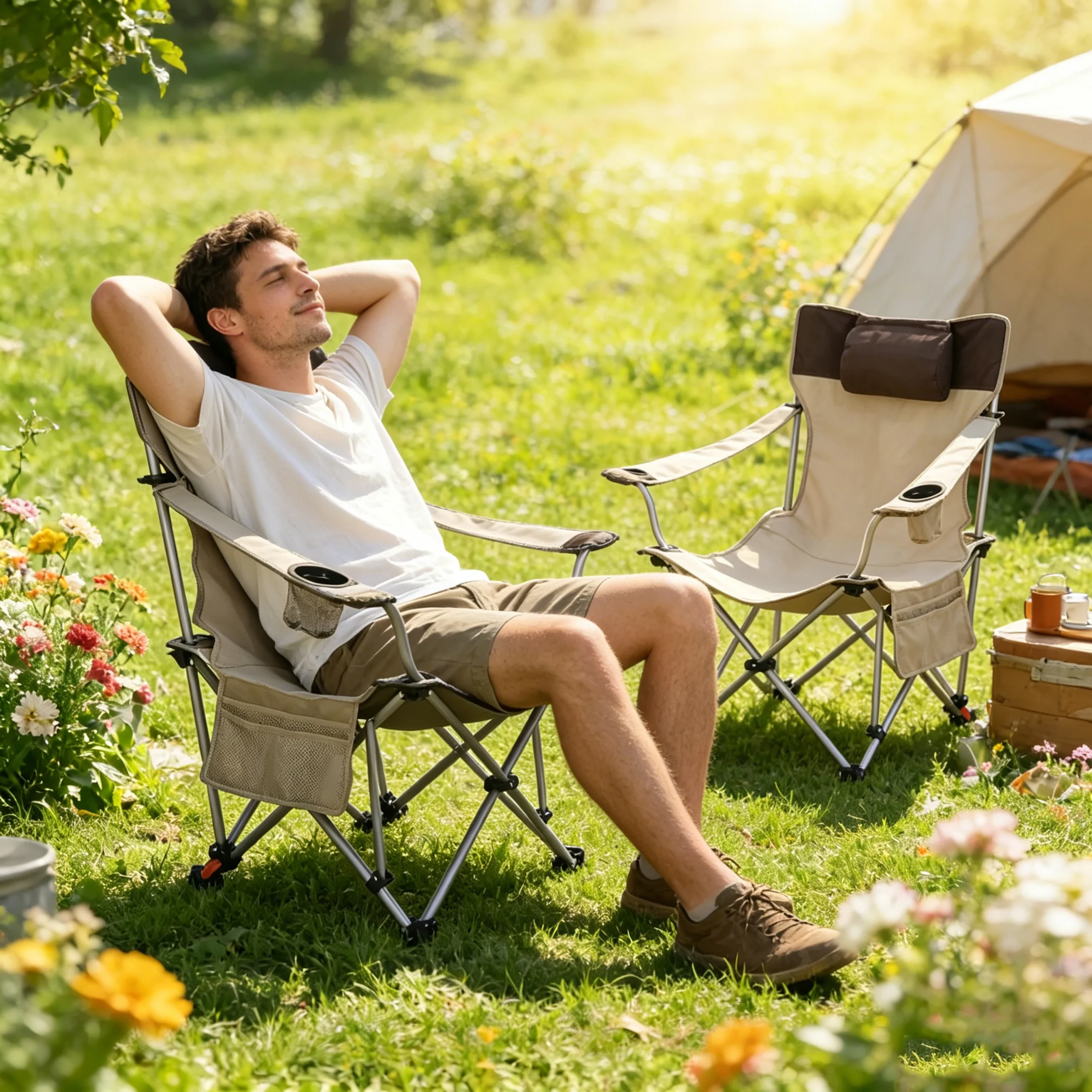 Outdoor Camping Chairs, 3-Level Adjustable Reclining Lounge Chair, - Image 1