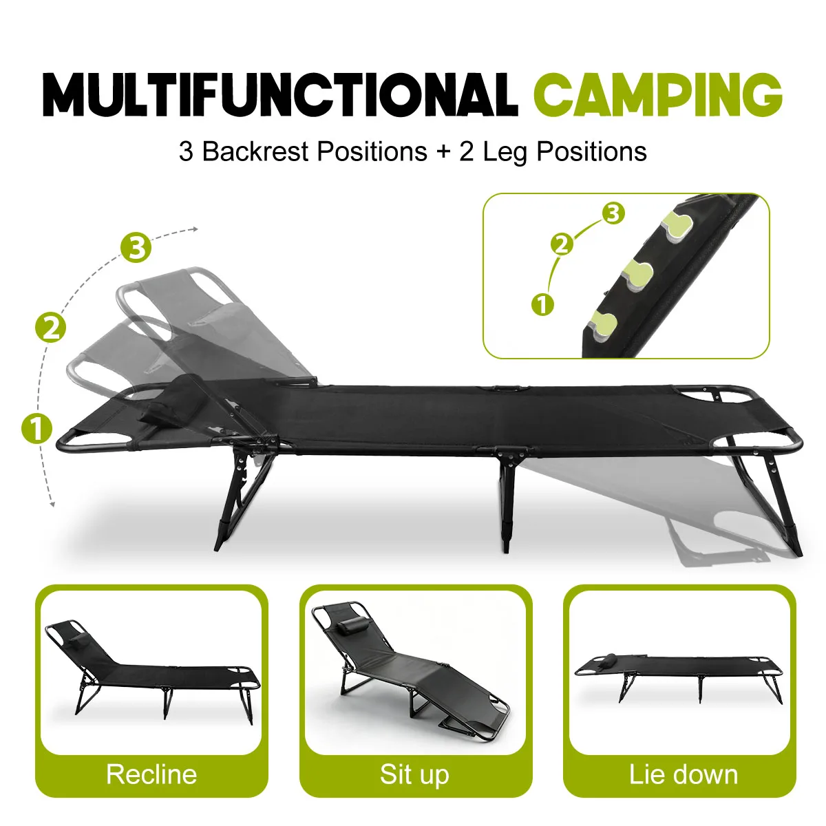 Adjustable Folding Camping Lounge Chair with Removable Soft Cushion, - Image 2