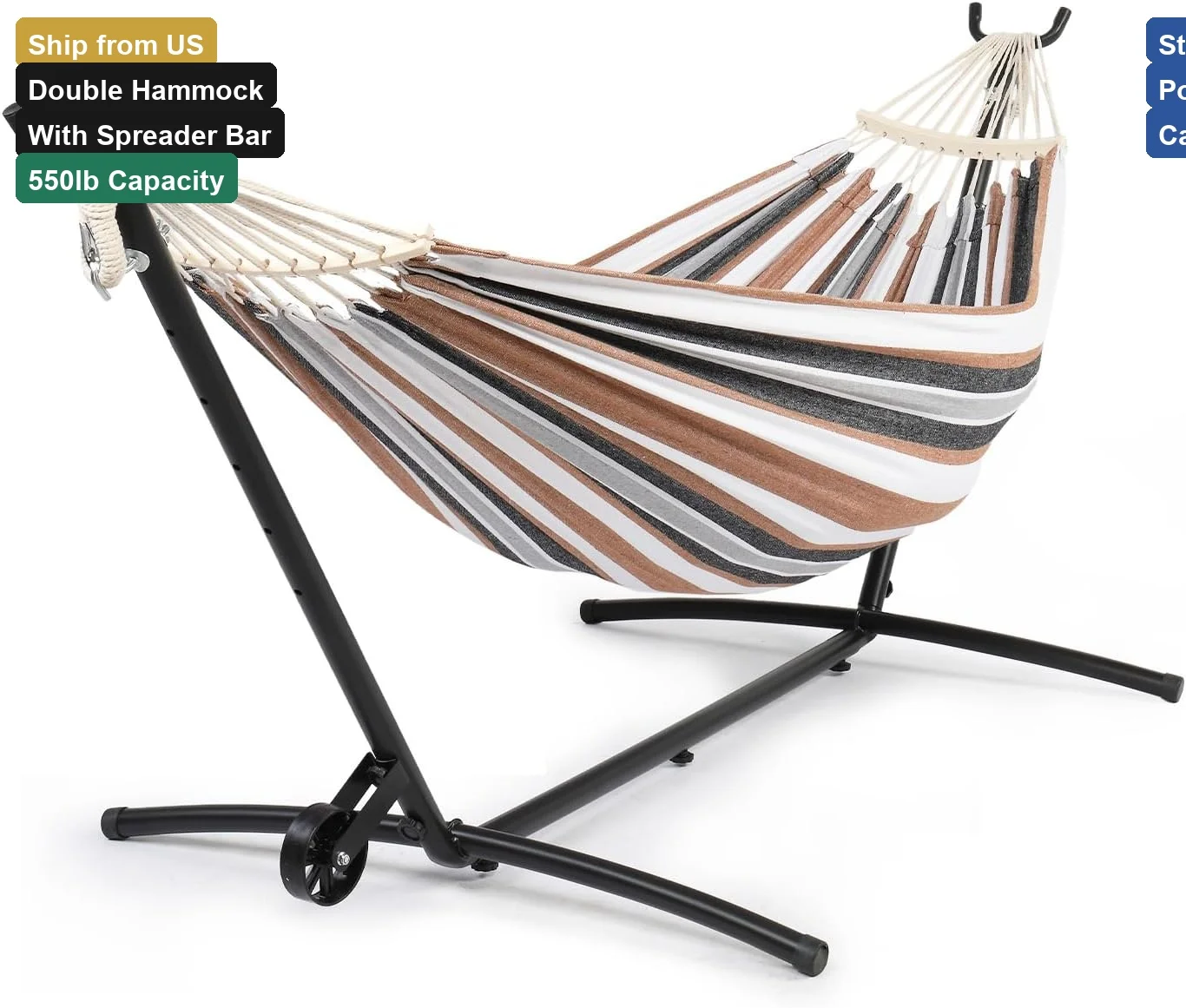 Double Hammock with Spreader Bar and Steel Stand, - Image 1